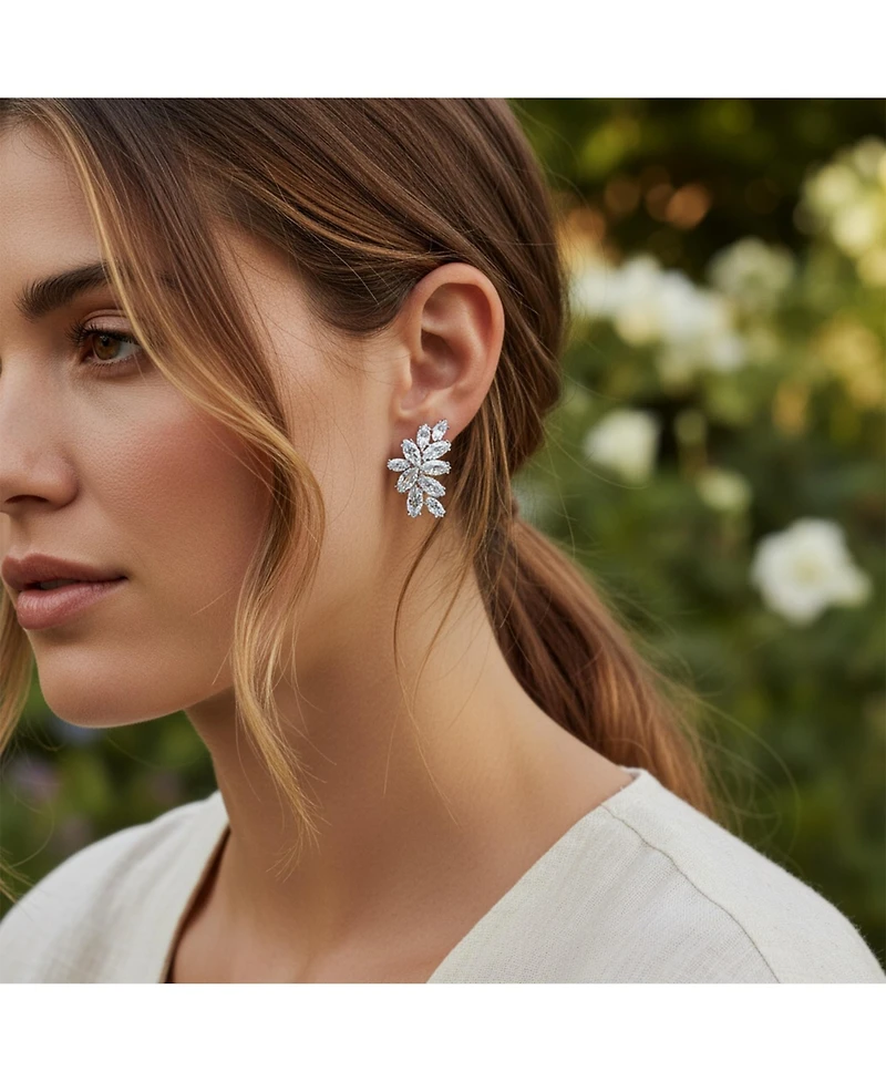 Bling Jewelry Cocktail Marquise Cubic Zirconia Cz Clusters Leaf Clip On Earrings Non Pierced Ears Silver Plated