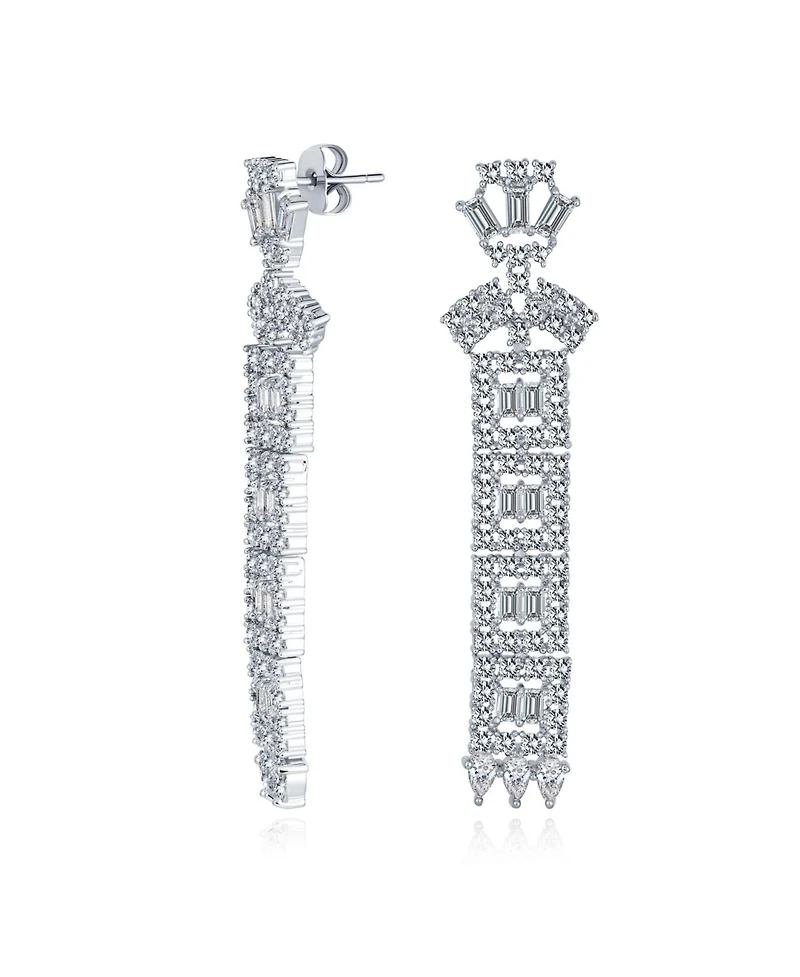 Bling Jewelry Elegant Bridal Cubic Zirconia Cz Linear Art Deco Statement Asian Motif Column Chandelier Earrings
