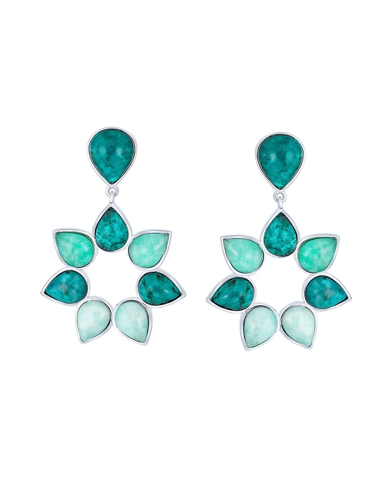 Bling Jewelry Modern Teal Apatite Green Brazil Amazonite Medallion Floral Petals Flower Statement Drop Earrings