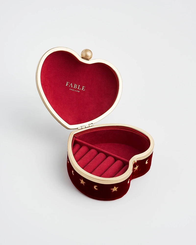 Fable England Women's Velvet Embroidered Heart Jewellery Box