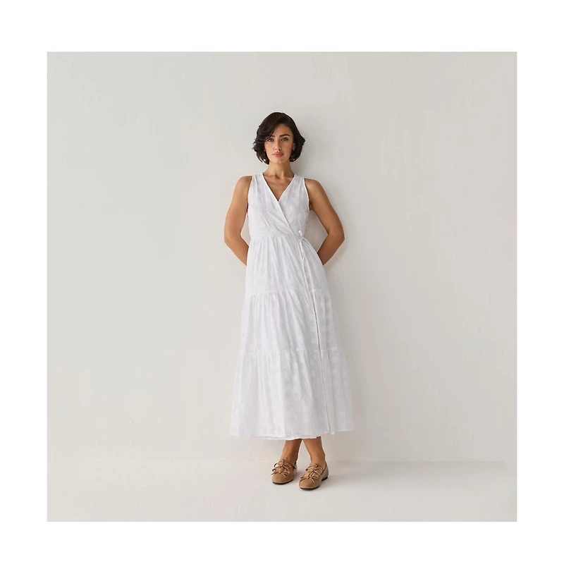 Reistor Women's Embroidered Cotton Tiered Wrap Maxi Dress