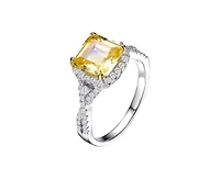 Sterling Silver White Gold Plated Yellow Cushion Cubic Zirconia with Clear Round Zirconias Accent Twisted Ring