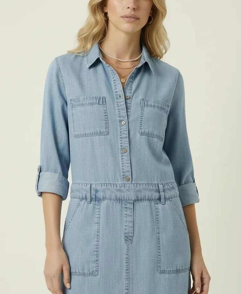 Modenaire Women's Long-Sleeve Button-Front Denim Mini Dress