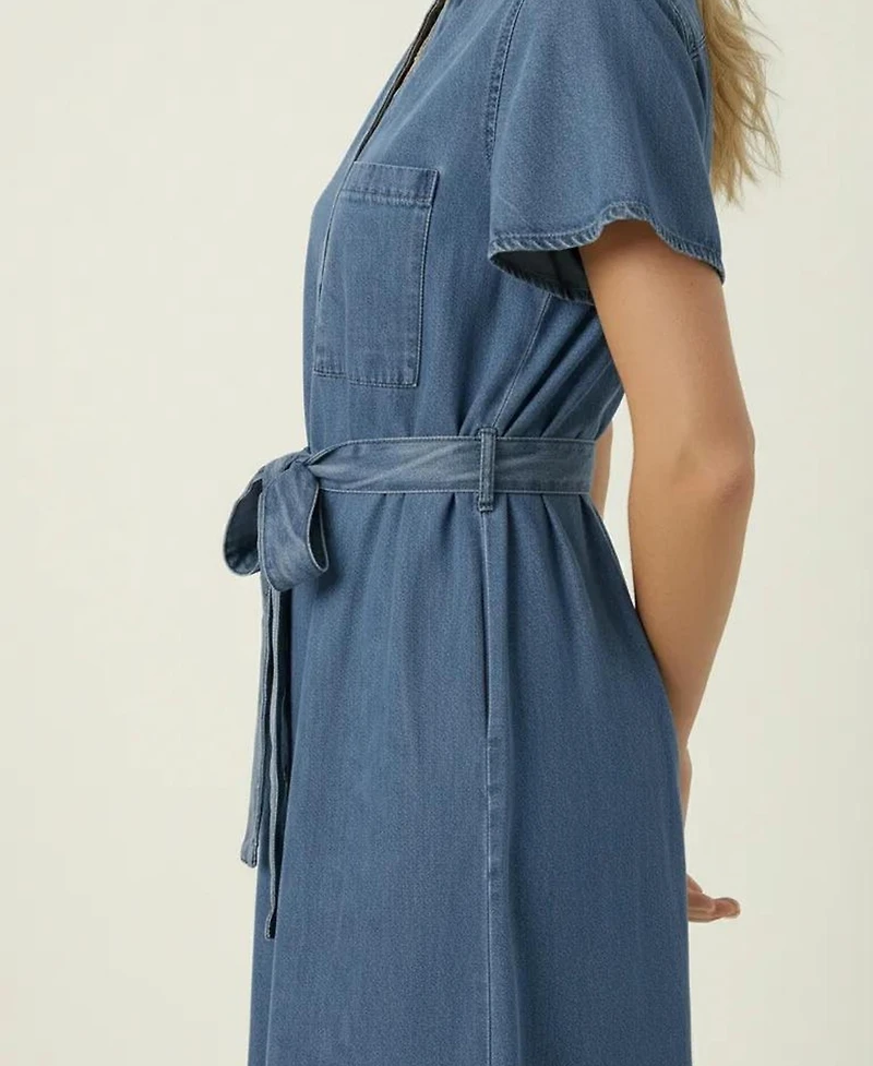 Modenaire Women's Belted Denim Midi Shirt Dress