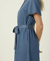 Modenaire Women's Belted Denim Midi Shirt Dress