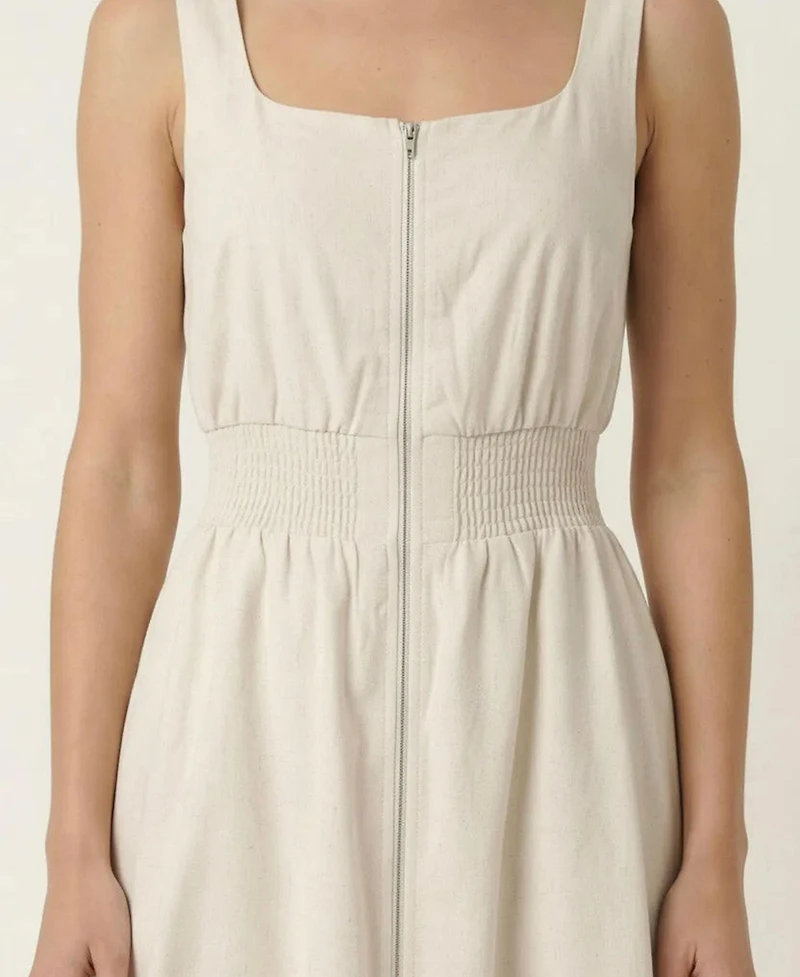 Modenaire Women's Sleeveless Smocked-Waist Front-Zip Slit Midi Dress