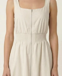 Modenaire Women's Sleeveless Smocked-Waist Front-Zip Slit Midi Dress