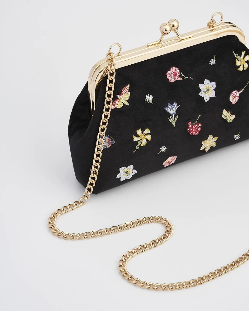 Fable England Women's Floral Ditsy Embroidered Velvet Clutch Bag