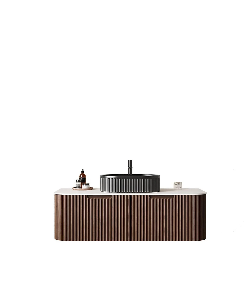 Sillysis Wall Mounted Bathroom Vanity with Sintered Stone Top, Oval Sink, Stripe Drawer, Pre-assembled