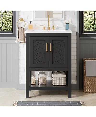 Sillysis 24 Inch Bathroom Vanity with Sink, Modern Solid Wood Mdf Cabinet, Adjustable Shelf and Soft Close Doors, Space Saving Design