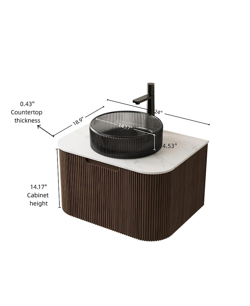 Sillysis Wall Mounted Bathroom Vanity with Crystal Glass Vessel Sink, Wood Grain Cabinet