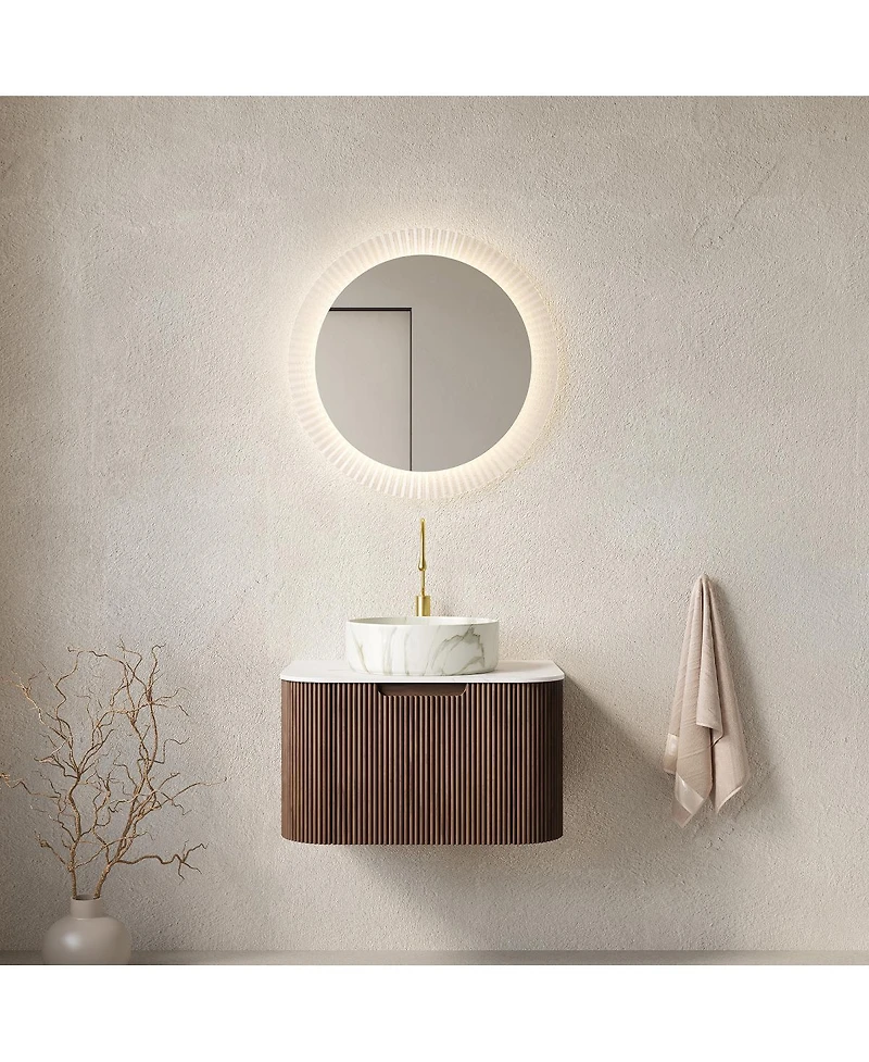 Sillysis Wall Mounted Bathroom Vanity with Sintered Stone Top, Round Ceramic Basin, Stripe Drawer