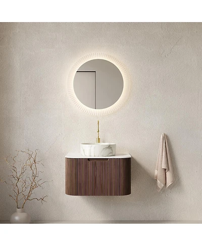 Sillysis Wall Mounted Bathroom Vanity with Sintered Stone Top, Round Ceramic Basin, Stripe Drawer