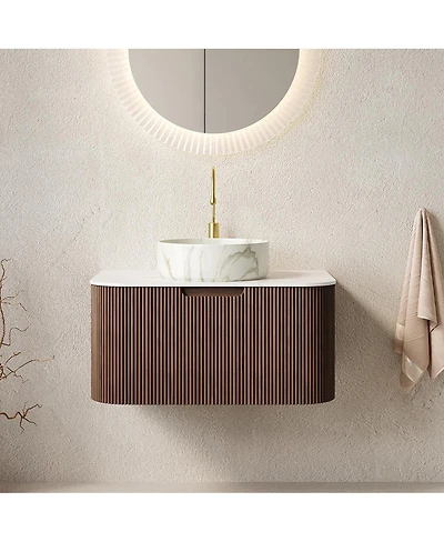 Sillysis Wall Mounted Bathroom Vanity with Sintered Stone Top, Round Ceramic Basin, Stripe Drawer