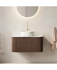 Sillysis Wall Mounted Bathroom Vanity with Sintered Stone Top, Round Ceramic Basin, Stripe Drawer