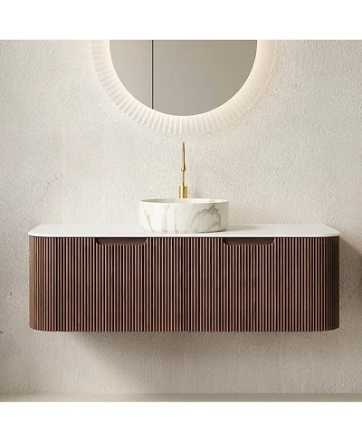 Sillysis Wall Mounted Bathroom Vanity with Sintered Stone Top, Round Ceramic Basin, Stripe Drawer, Pre-assemble