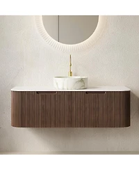 Sillysis Wall Mounted Bathroom Vanity with Sintered Stone Top, Round Ceramic Basin, Stripe Drawer, Pre-assemble