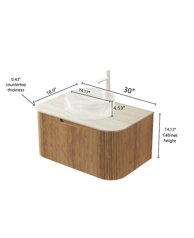 Sillysis Wall Mounted Bathroom Vanity with Crystal Glass Round Sink, Wood Grain Cabinet, Sintered Stone Top