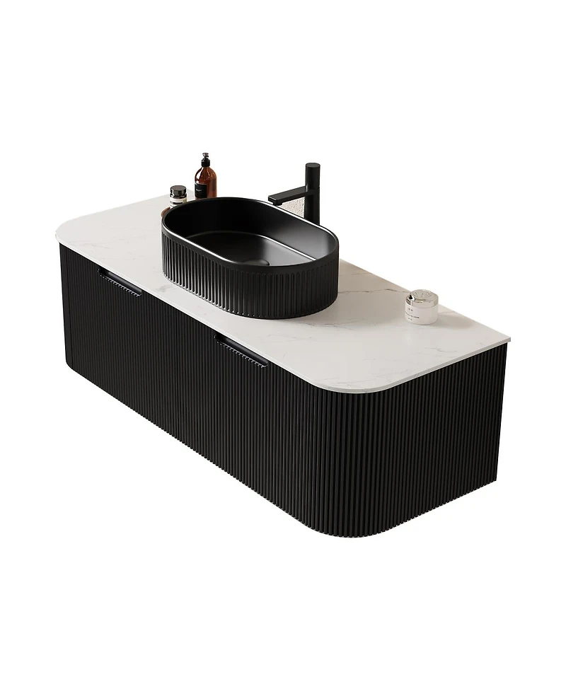 Sillysis Wall Mounted Bathroom Vanity with Sintered Stone Top, Oval Ceramic Sink, Striped Drawer Panel