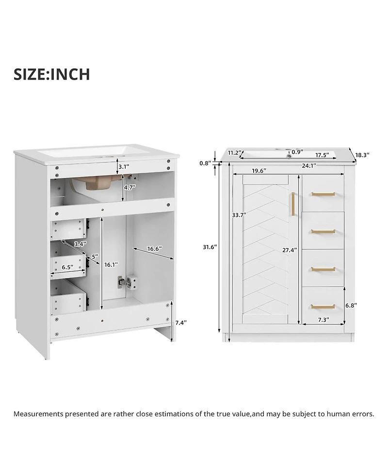 Sillysis 24 Inch Modern Bathroom Vanity with Sink, Solid Wood Mdf Cabinet 3 Soft Close Drawers, Space-Saving Storage