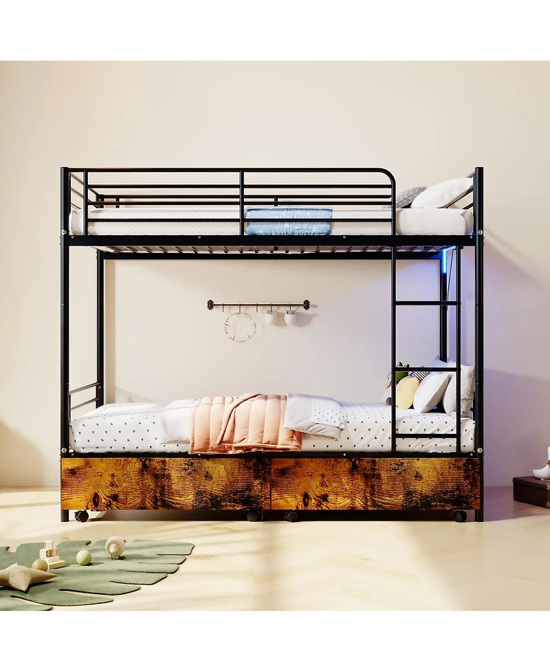 Streamdale Furniture Metal Bunk Bed with Usb Charging Station, Storage, and Safety Guardrails
