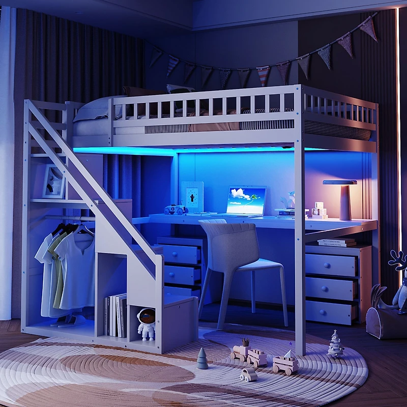 Streamdale Furniture Loft Bed with Two Chest of Drawers, Desk and Light Strip