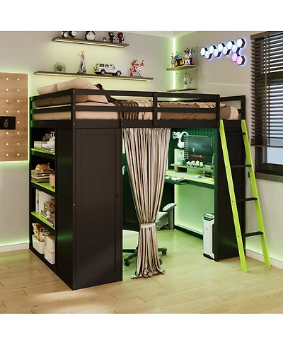 Streamdale Furniture Wood Loft Bed with Wardrobe, Shelves, Curtains and Rgb Lights