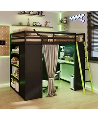 Streamdale Furniture Wood Loft Bed with Wardrobe, Shelves, Curtains and Rgb Lights