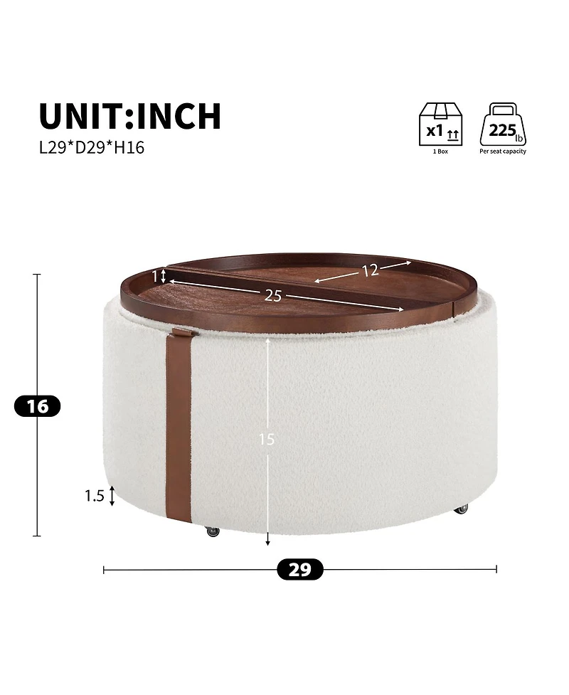Streamdale Furniture 29" Round Storage Ottoman with Reversible Lids and Caster Wheels
