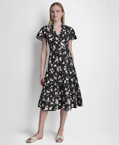 Dkny Women's Flutter-Sleeve Tiered Printed Midi Dress