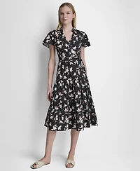 Dkny Women's Flutter-Sleeve Tiered Printed Midi Dress