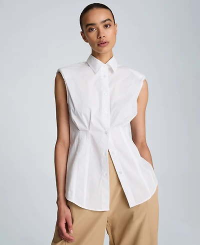 Kenneth Cole Women's Cotton-Blend Pleated Sleeveless Shirt