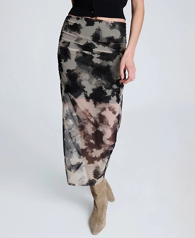 Kenneth Cole Women's Side Ruched Printed Mesh Midi Skirt