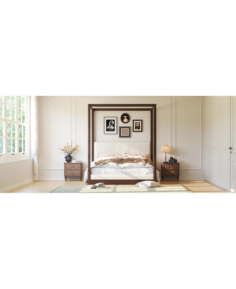 Streamdale Furniture Queen Canopy Platform Bed with Upholstered Headboard, Espresso/White