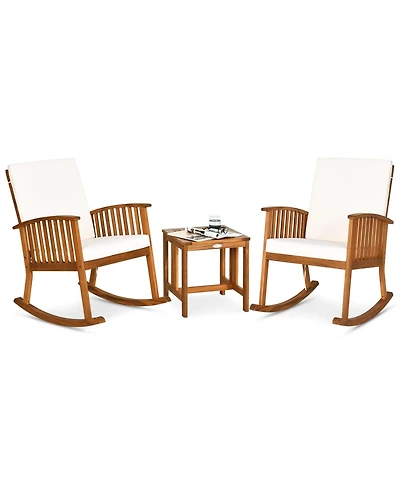 Gymax 3 Pieces Acacia Wood Rocking Bistro Set w/ Coffee Table and Cushions for Lawn