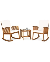 Gymax 3 Pieces Acacia Wood Rocking Bistro Set w/ Coffee Table and Cushions for Lawn