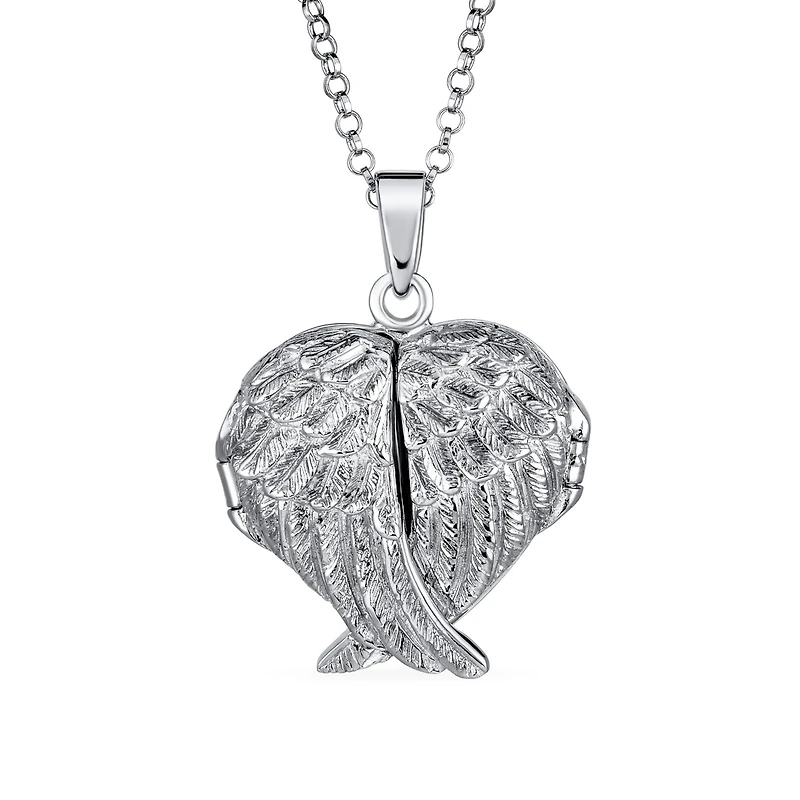 Bling Jewelry Spiritual Angel Wing Feathers Heart Locket Necklace Keepsake Photos Oxidized .925 Sterling Silver