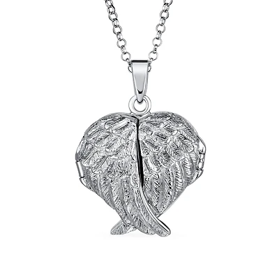 Bling Jewelry Spiritual Angel Wing Feathers Heart Locket Necklace Keepsake Photos Oxidized .925 Sterling Silver