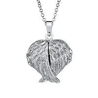Bling Jewelry Spiritual Angel Wing Feathers Heart Locket Necklace Keepsake Photos Oxidized .925 Sterling Silver