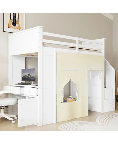 Streamdale Furniture Twin Loft Bed with Desk, Lockers, Drawers, Storage Stairs, and Curtain