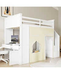 Streamdale Furniture Twin Loft Bed with Desk, Lockers, Drawers, Storage Stairs, and Curtain