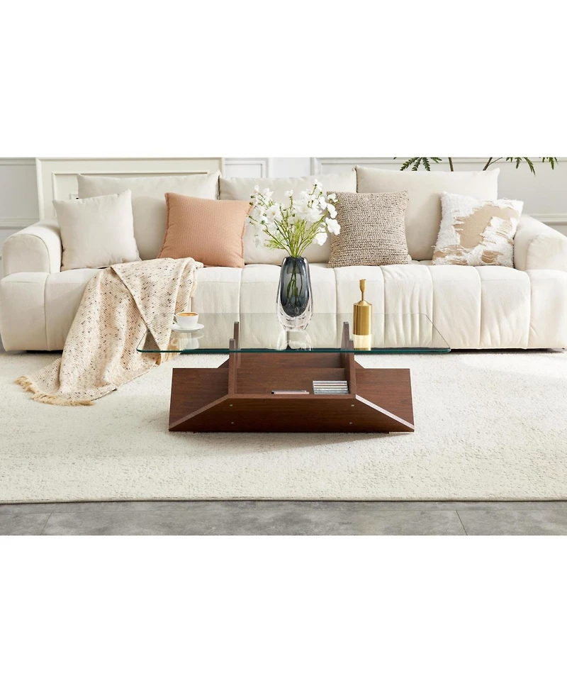 Rainsken 43.5" Glass Coffee Table with Tempered Top and Wood Base, Multi-Storage Open Compartments for Living Room Office
