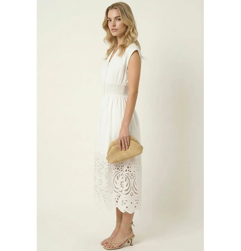 Modenaire Women's Cap-Sleeve Smocked-Waist Eyelet-Hem Dress