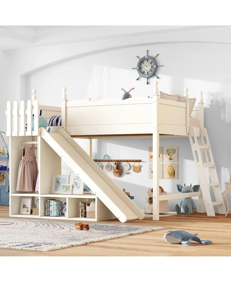Streamdale Furniture Solid Wood Loft Bed with Storage, Wardrobe, and Slide