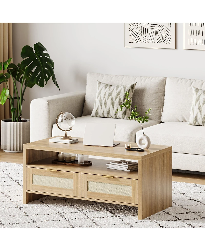 gaomon Boho Rattan Coffee Table - Modern Rectangular Oak Center Table - Wide, 2 Drawers, Open Shelf, Metal Handles - Living Room, Apartment