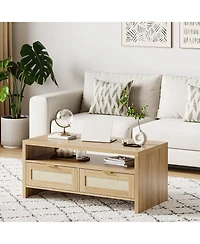 gaomon Boho Rattan Coffee Table - Modern Rectangular Oak Center Table - Wide, 2 Drawers, Open Shelf, Metal Handles - Living Room, Apartment