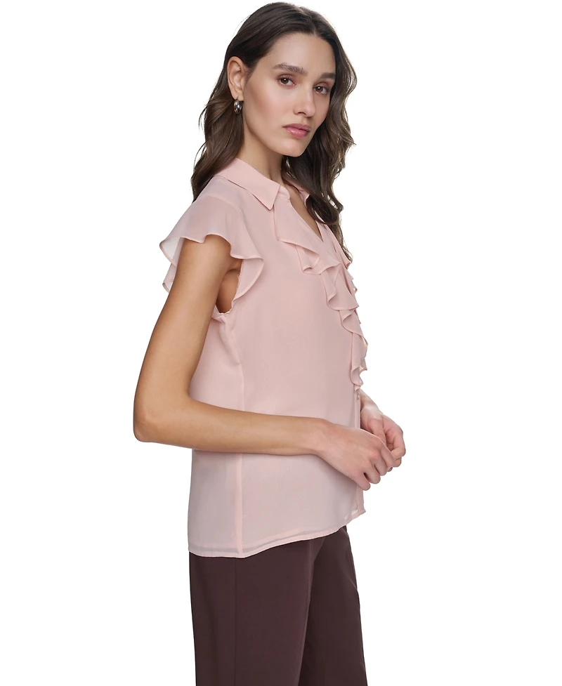 Calvin Klein Petite Collared Ruffle-Front Top