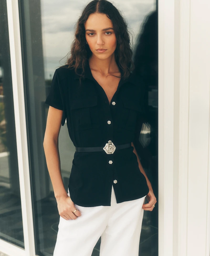 Karl Lagerfeld Paris Women's Belted Short-Sleeve Top