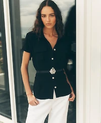 Karl Lagerfeld Paris Women's Belted Short-Sleeve Top