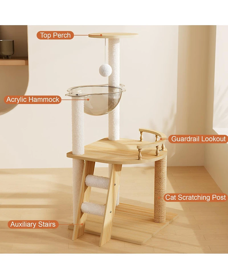 Streamdale Furniture 41.3" Modern Wood Cat Tree With Sisal Scratching Posts And Acrylic Hammock